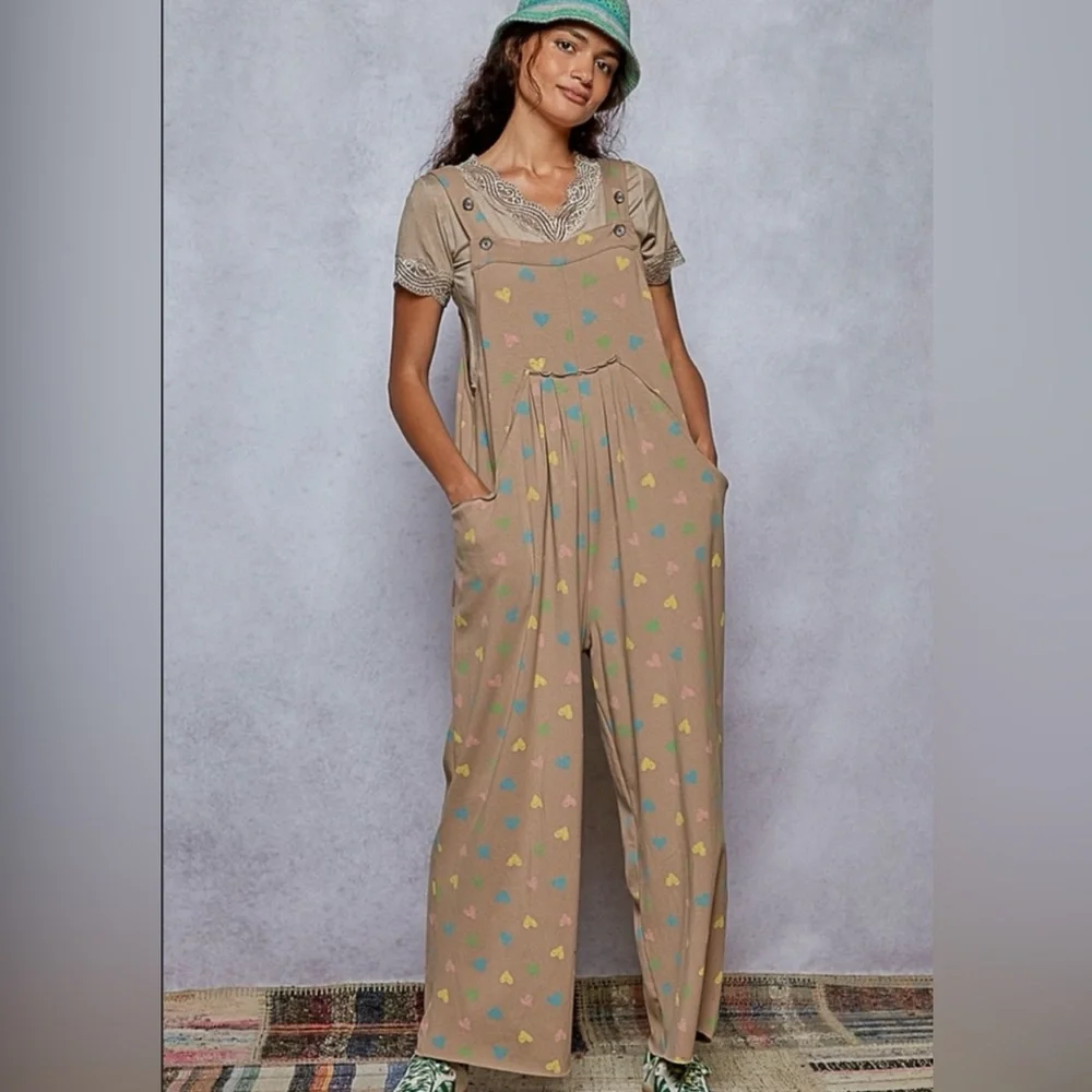 082 - POL Brown Overalls with Colorful Heart Pattern NWOT - Picture 2 of 4